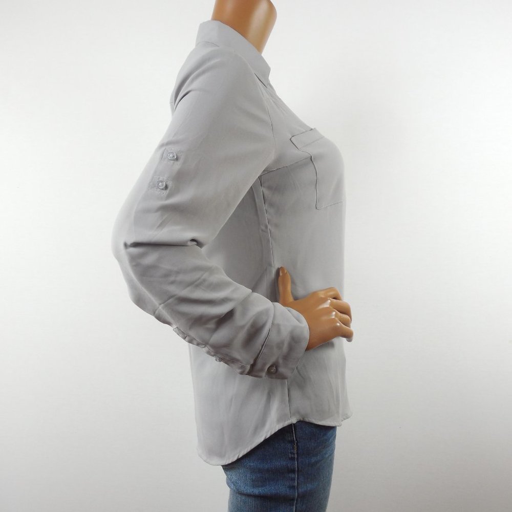 EXPRESS Top M Portofino Button Down Blouse Gray Mist Roll Tab Long Sleeves - Picture 6 of 10